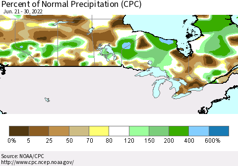 Canada Percent of Normal Precipitation (CPC) Thematic Map For 6/21/2022 - 6/30/2022