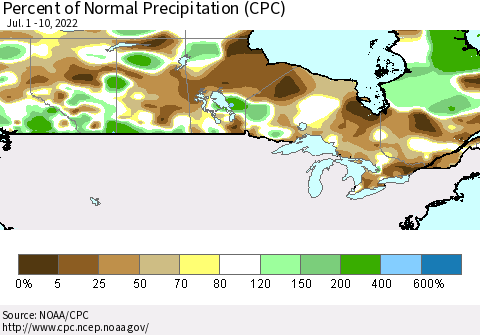 Canada Percent of Normal Precipitation (CPC) Thematic Map For 7/1/2022 - 7/10/2022