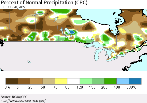 Canada Percent of Normal Precipitation (CPC) Thematic Map For 7/11/2022 - 7/20/2022