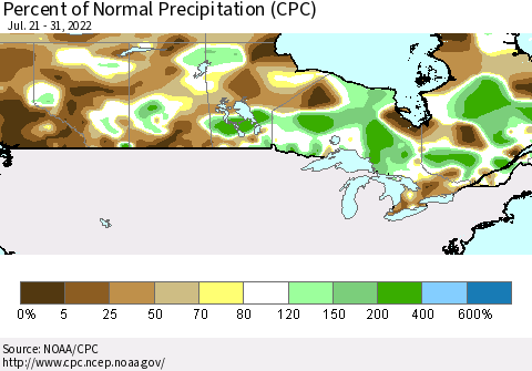 Canada Percent of Normal Precipitation (CPC) Thematic Map For 7/21/2022 - 7/31/2022