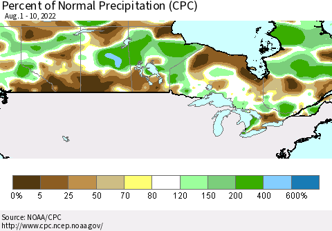 Canada Percent of Normal Precipitation (CPC) Thematic Map For 8/1/2022 - 8/10/2022