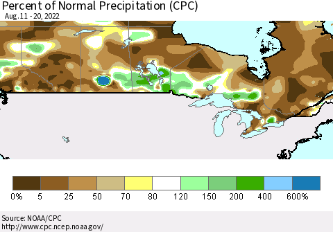 Canada Percent of Normal Precipitation (CPC) Thematic Map For 8/11/2022 - 8/20/2022