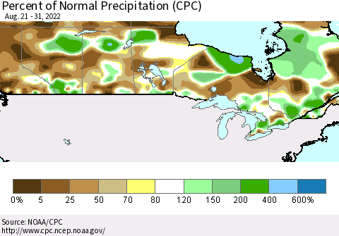 Canada Percent of Normal Precipitation (CPC) Thematic Map For 8/21/2022 - 8/31/2022