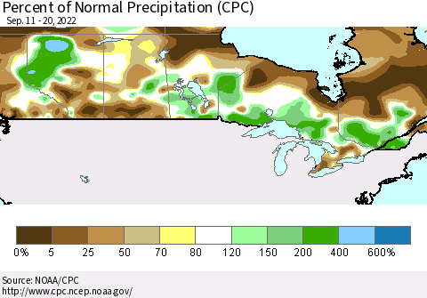 Canada Percent of Normal Precipitation (CPC) Thematic Map For 9/11/2022 - 9/20/2022