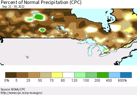 Canada Percent of Normal Precipitation (CPC) Thematic Map For 9/21/2022 - 9/30/2022