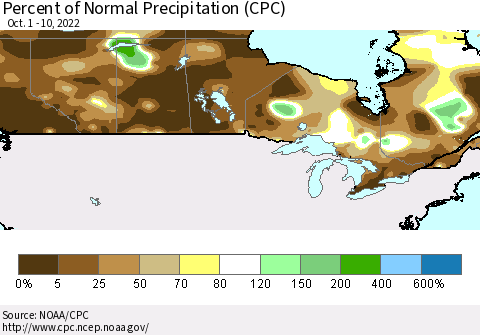 Canada Percent of Normal Precipitation (CPC) Thematic Map For 10/1/2022 - 10/10/2022