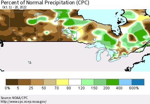Canada Percent of Normal Precipitation (CPC) Thematic Map For 10/11/2022 - 10/20/2022
