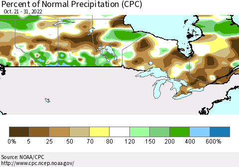 Canada Percent of Normal Precipitation (CPC) Thematic Map For 10/21/2022 - 10/31/2022