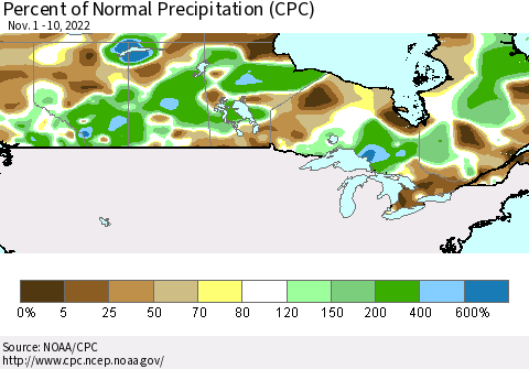 Canada Percent of Normal Precipitation (CPC) Thematic Map For 11/1/2022 - 11/10/2022