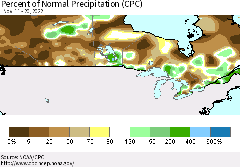 Canada Percent of Normal Precipitation (CPC) Thematic Map For 11/11/2022 - 11/20/2022