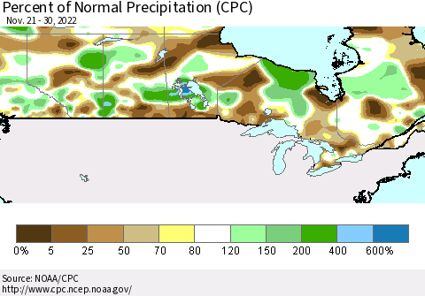 Canada Percent of Normal Precipitation (CPC) Thematic Map For 11/21/2022 - 11/30/2022