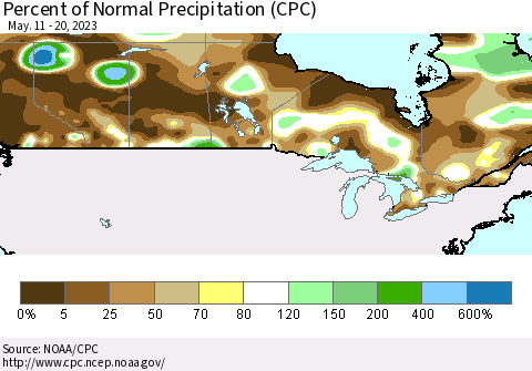 Canada Percent of Normal Precipitation (CPC) Thematic Map For 5/11/2023 - 5/20/2023