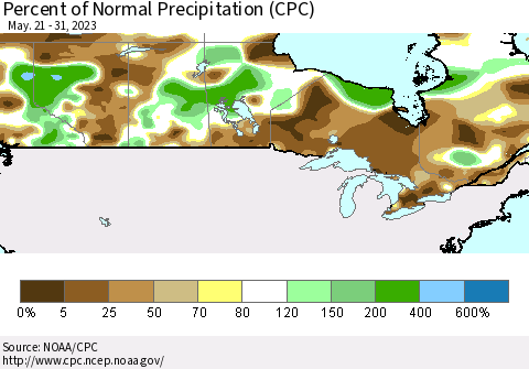 Canada Percent of Normal Precipitation (CPC) Thematic Map For 5/21/2023 - 5/31/2023