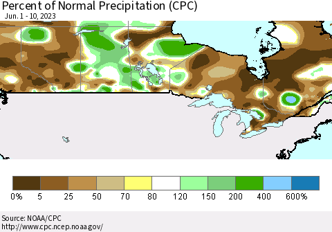 Canada Percent of Normal Precipitation (CPC) Thematic Map For 6/1/2023 - 6/10/2023