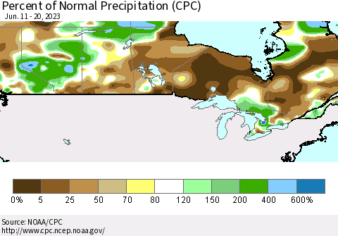 Canada Percent of Normal Precipitation (CPC) Thematic Map For 6/11/2023 - 6/20/2023