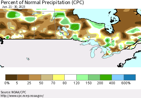Canada Percent of Normal Precipitation (CPC) Thematic Map For 6/21/2023 - 6/30/2023