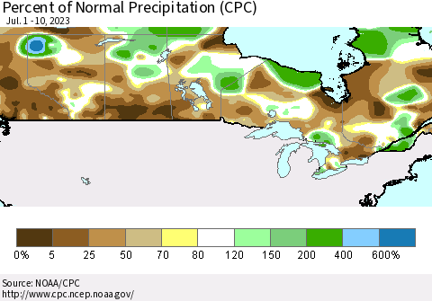 Canada Percent of Normal Precipitation (CPC) Thematic Map For 7/1/2023 - 7/10/2023