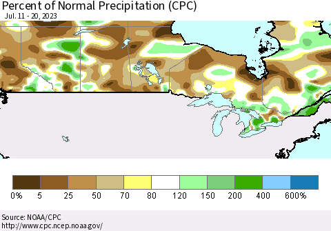 Canada Percent of Normal Precipitation (CPC) Thematic Map For 7/11/2023 - 7/20/2023