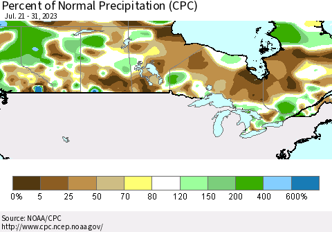 Canada Percent of Normal Precipitation (CPC) Thematic Map For 7/21/2023 - 7/31/2023