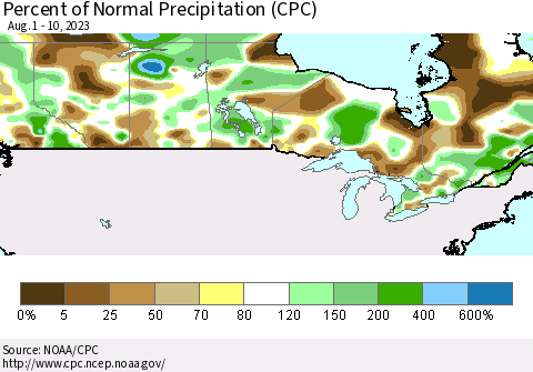 Canada Percent of Normal Precipitation (CPC) Thematic Map For 8/1/2023 - 8/10/2023