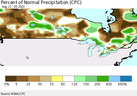 Canada Percent of Normal Precipitation (CPC) Thematic Map For 8/11/2023 - 8/20/2023