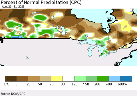 Canada Percent of Normal Precipitation (CPC) Thematic Map For 8/21/2023 - 8/31/2023