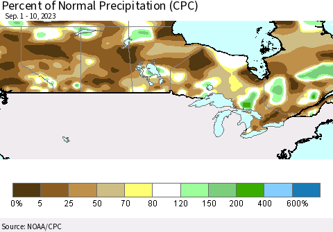 Canada Percent of Normal Precipitation (CPC) Thematic Map For 9/1/2023 - 9/10/2023