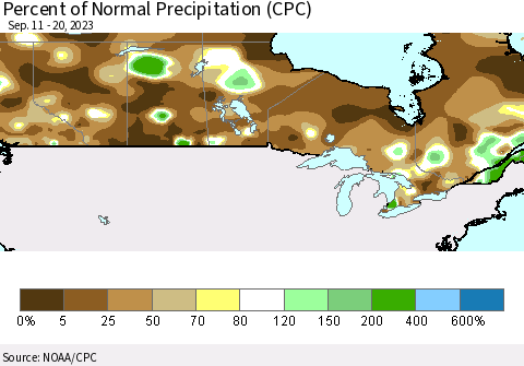 Canada Percent of Normal Precipitation (CPC) Thematic Map For 9/11/2023 - 9/20/2023