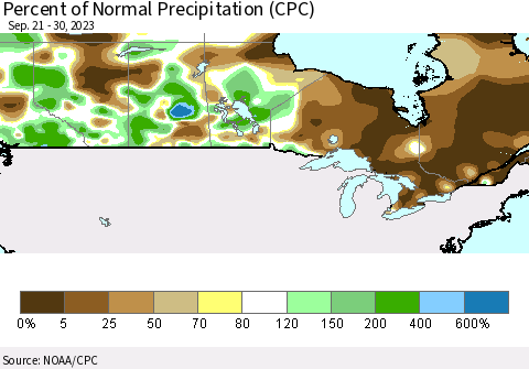Canada Percent of Normal Precipitation (CPC) Thematic Map For 9/21/2023 - 9/30/2023