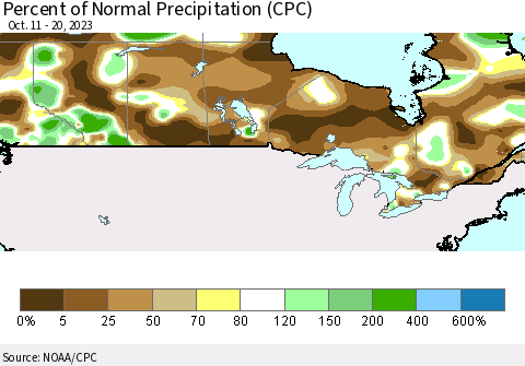 Canada Percent of Normal Precipitation (CPC) Thematic Map For 10/11/2023 - 10/20/2023