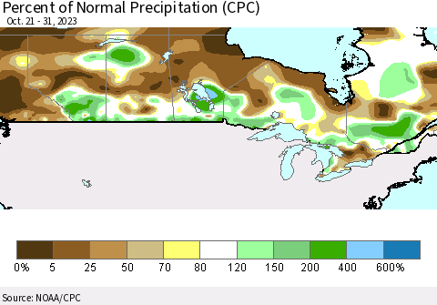 Canada Percent of Normal Precipitation (CPC) Thematic Map For 10/21/2023 - 10/31/2023