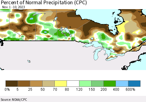 Canada Percent of Normal Precipitation (CPC) Thematic Map For 11/1/2023 - 11/10/2023
