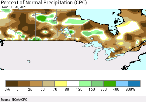 Canada Percent of Normal Precipitation (CPC) Thematic Map For 11/11/2023 - 11/20/2023