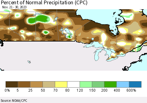 Canada Percent of Normal Precipitation (CPC) Thematic Map For 11/21/2023 - 11/30/2023