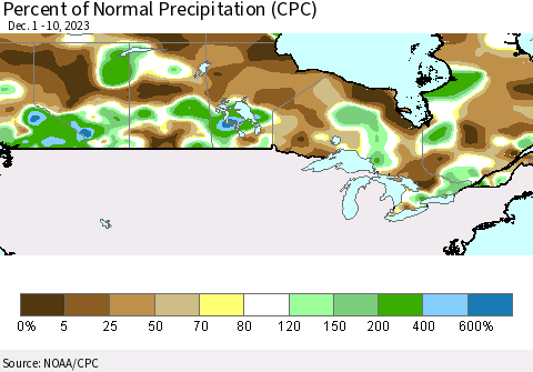 Canada Percent of Normal Precipitation (CPC) Thematic Map For 12/1/2023 - 12/10/2023