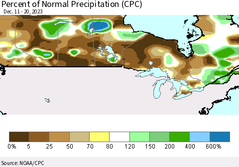 Canada Percent of Normal Precipitation (CPC) Thematic Map For 12/11/2023 - 12/20/2023