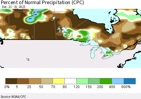 Canada Percent of Normal Precipitation (CPC) Thematic Map For 12/21/2023 - 12/31/2023