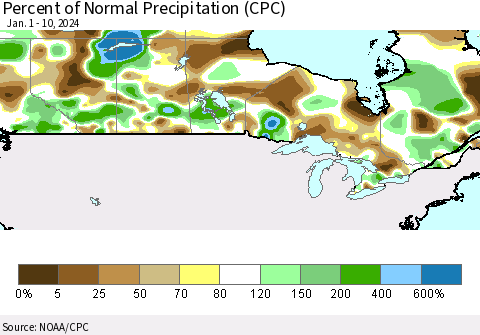 Canada Percent of Normal Precipitation (CPC) Thematic Map For 1/1/2024 - 1/10/2024