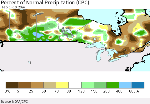 Canada Percent of Normal Precipitation (CPC) Thematic Map For 2/1/2024 - 2/10/2024