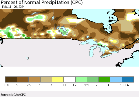 Canada Percent of Normal Precipitation (CPC) Thematic Map For 2/11/2024 - 2/20/2024