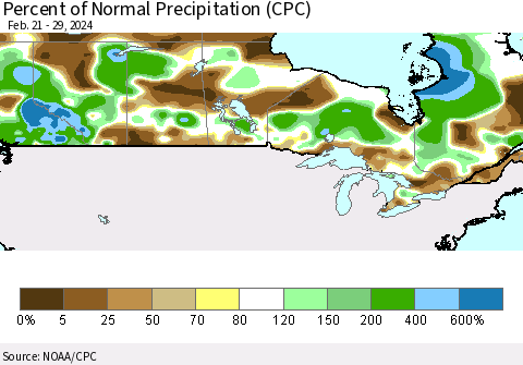 Canada Percent of Normal Precipitation (CPC) Thematic Map For 2/21/2024 - 2/29/2024