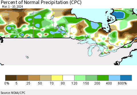 Canada Percent of Normal Precipitation (CPC) Thematic Map For 3/1/2024 - 3/10/2024