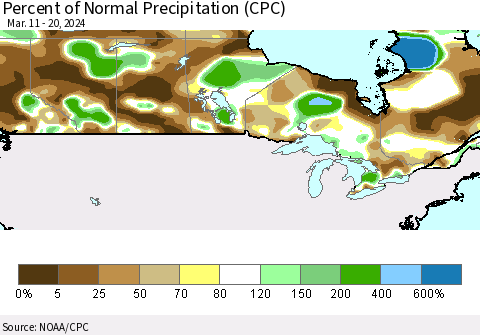Canada Percent of Normal Precipitation (CPC) Thematic Map For 3/11/2024 - 3/20/2024