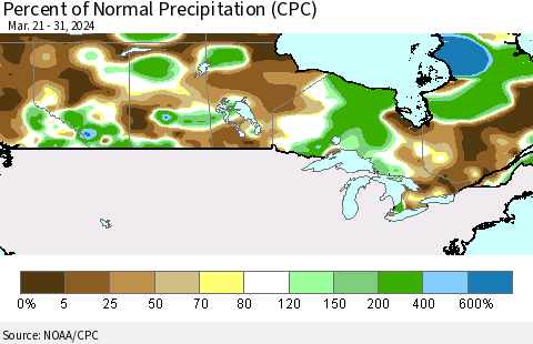 Canada Percent of Normal Precipitation (CPC) Thematic Map For 3/21/2024 - 3/31/2024