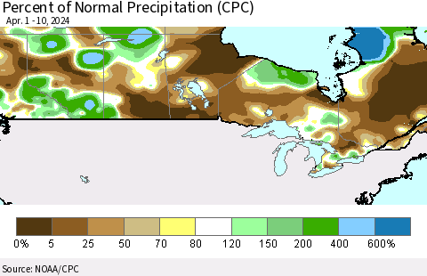 Canada Percent of Normal Precipitation (CPC) Thematic Map For 4/1/2024 - 4/10/2024