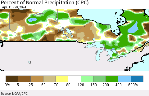 Canada Percent of Normal Precipitation (CPC) Thematic Map For 4/11/2024 - 4/20/2024
