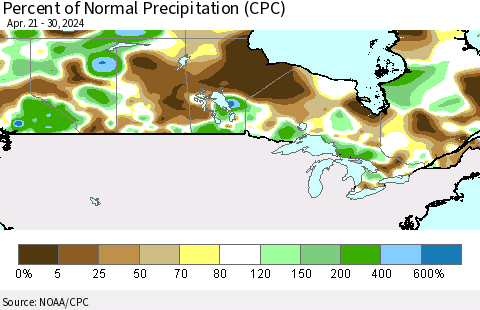 Canada Percent of Normal Precipitation (CPC) Thematic Map For 4/21/2024 - 4/30/2024