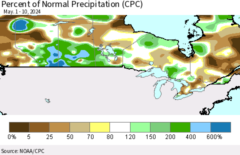 Canada Percent of Normal Precipitation (CPC) Thematic Map For 5/1/2024 - 5/10/2024