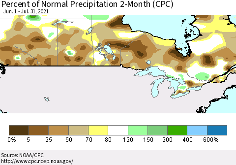 Canada Percent of Normal Precipitation 2-Month (CPC) Thematic Map For 6/1/2021 - 7/31/2021
