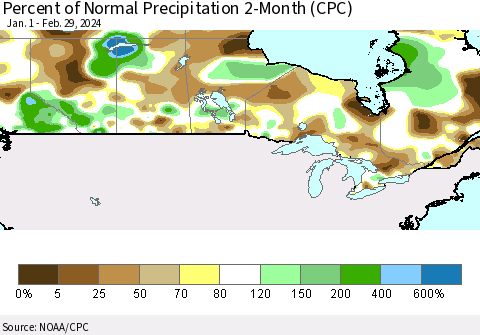 Canada Percent of Normal Precipitation 2-Month (CPC) Thematic Map For 1/1/2024 - 2/29/2024